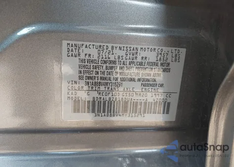 2021 Nissan Sentra S Xtronic Cvt z USA, uszkodzony, nr VIN 3N1AB8BV4MY315291